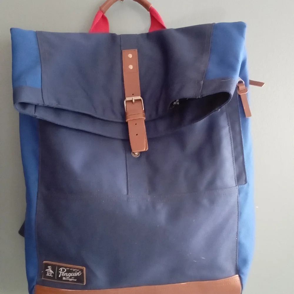 Penguin Backpack Blue Canvas Leather Trim Roll‎ Top Adjustable Straps